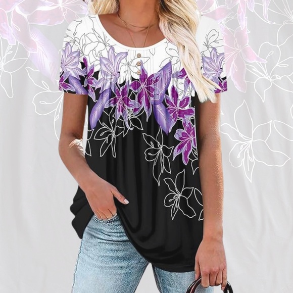 Tops - Floral Black and White Short Sleeve Top